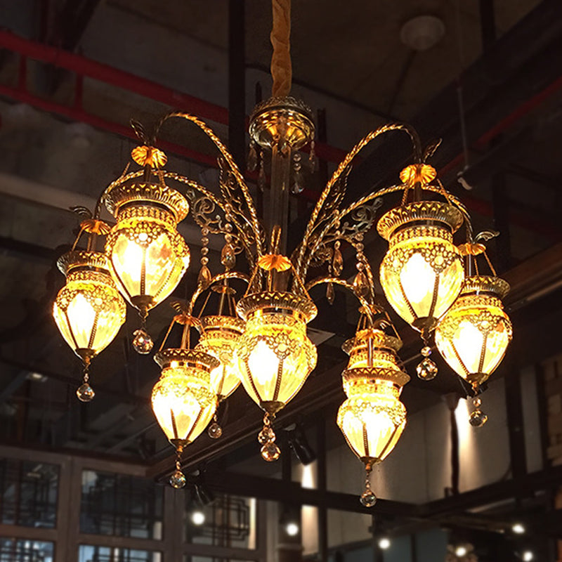 Art Deco Gold Urn Chandelier With Prismatic Glass & Crystal Accent - 10 Heads Living Room Pendant