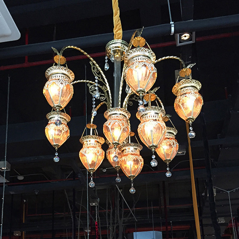 Art Deco Gold Urn Chandelier With Prismatic Glass & Crystal Accent - 10 Heads Living Room Pendant