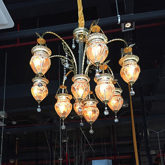 Art Deco Gold Urn Chandelier With Prismatic Glass & Crystal Accent - 10 Heads Living Room Pendant