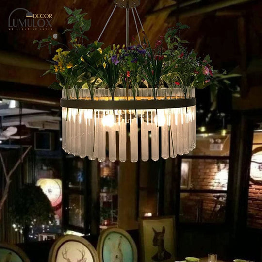 Industrial Metal Restaurant Chandelier Light - 1/2-Tier, Green Plant Pendant Fixture, 4 Bulbs - 19.5"/29.5" W