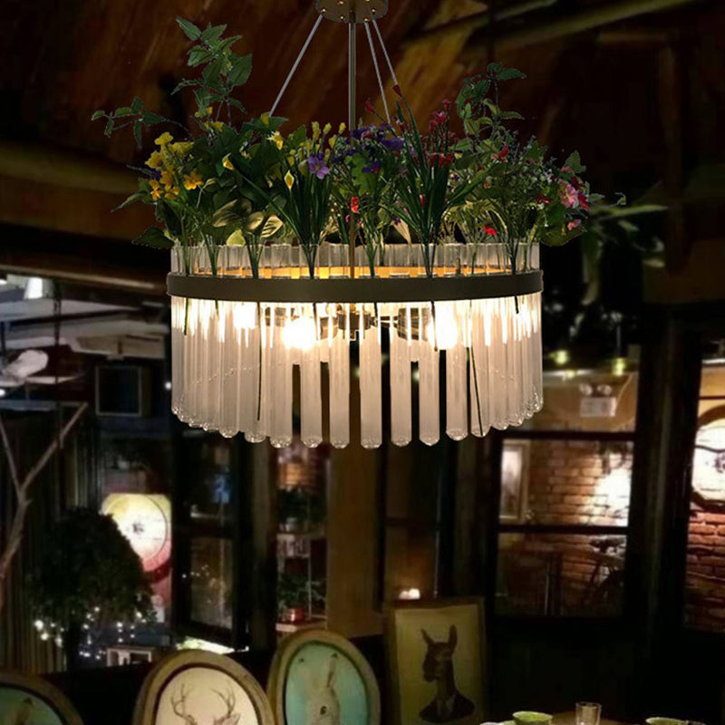 Industrial 4-Bulb Chandelier With Green Plant Pendant 1/2-Tier 19.5/29.5 W