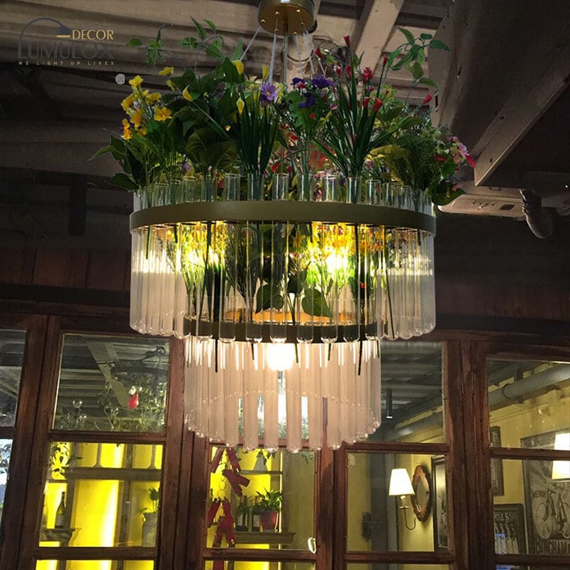 Industrial Metal Restaurant Chandelier Light - 1/2-Tier, Green Plant Pendant Fixture, 4 Bulbs - 19.5"/29.5" W