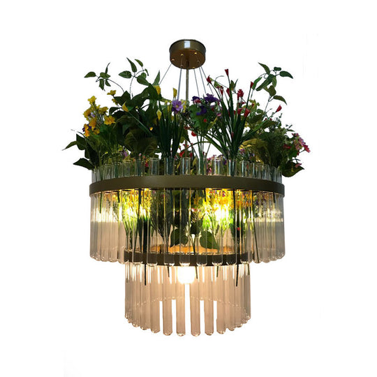 Industrial 4-Bulb Chandelier With Green Plant Pendant 1/2-Tier 19.5/29.5 W