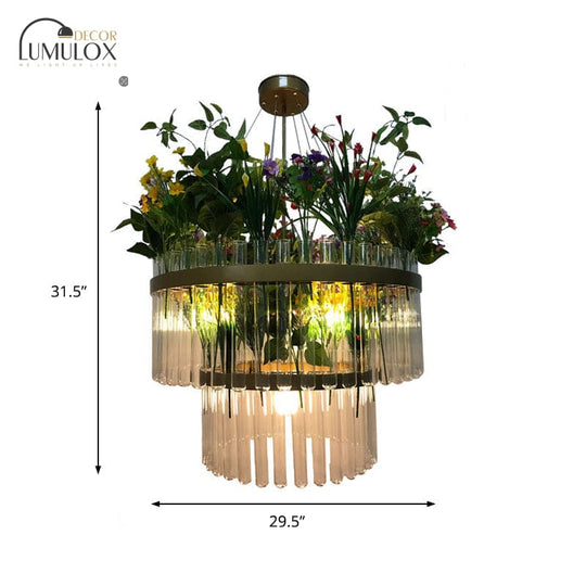 Industrial Metal Restaurant Chandelier Light - 1/2-Tier, Green Plant Pendant Fixture, 4 Bulbs - 19.5"/29.5" W