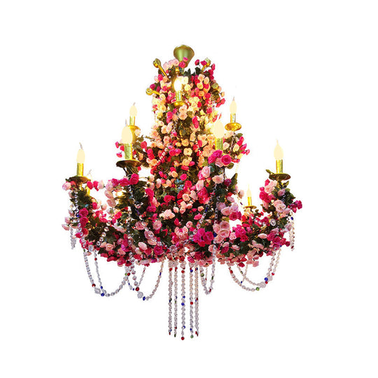 Anna - Antique Antique Candle Ceiling Chandelier 8 Bulbs Metal LED Flower Drop Lamp in Pink for Restaurant