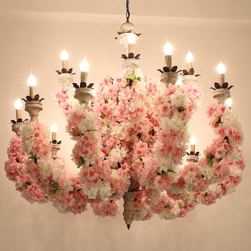 Alessia - Vintage Candle Restaurant Chandelier Light Vintage Metal 15 Heads Pink Flower Pendant Lighting Fixture