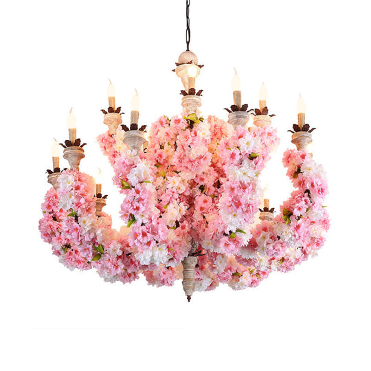 Alessia - Vintage Candle Restaurant Chandelier Light Vintage Metal 15 Heads Pink Flower Pendant Lighting Fixture