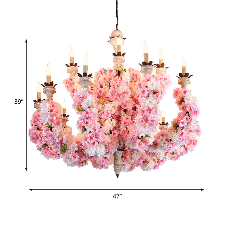 Alessia - Vintage Candle Restaurant Chandelier Light Vintage Metal 15 Heads Pink Flower Pendant Lighting Fixture