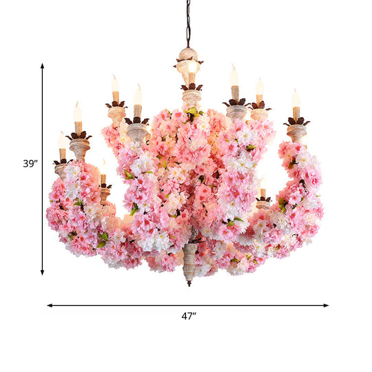 Alessia - Vintage Candle Restaurant Chandelier Light Metal 15 Heads Pink Flower Pendant Lighting