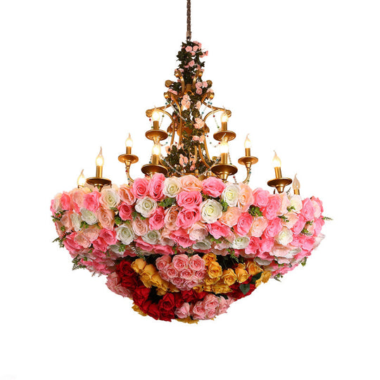 Lara - Industrial 12 Lights Candle Chandelier Industrial Pink Flower Metal Pendant Light for Restaurant