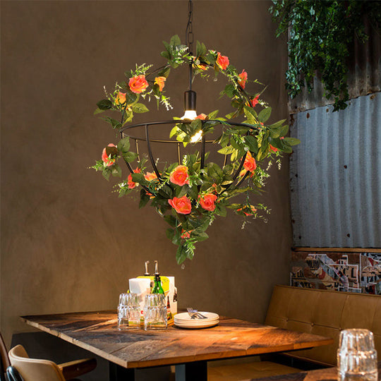 Industrial Green Metal Pendant Light Fixture - LED Hanging Lamp Kit with Globe Design & Flower Decor - Perfect for Restaurants