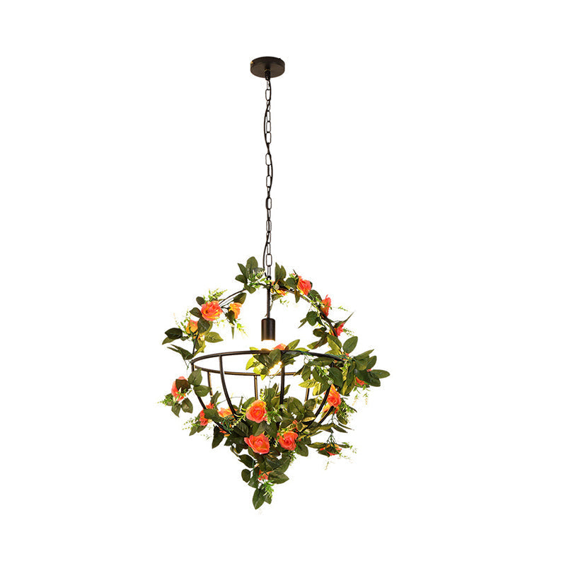 Industrial Green Metal Pendant Light Fixture - LED Hanging Lamp Kit with Globe Design & Flower Decor - Perfect for Restaurants