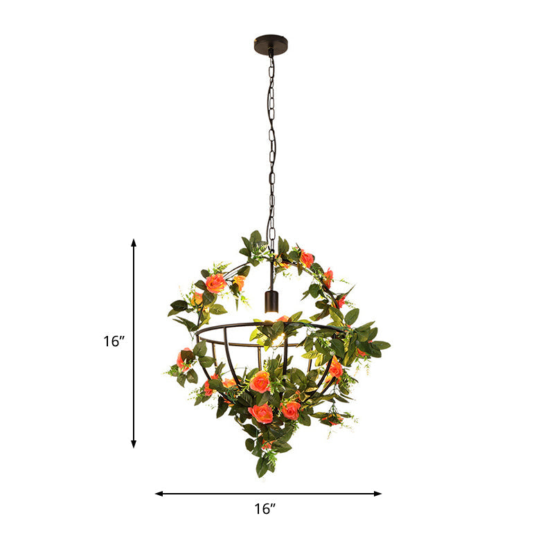 Industrial Green Metal Pendant Light Fixture - LED Hanging Lamp Kit with Globe Design & Flower Decor - Perfect for Restaurants