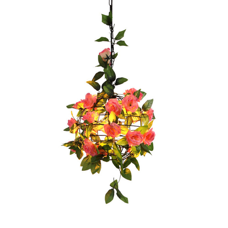 Maple Leaf/Rose/Plant Industrial Pendant Light Bulb - Metal LED Hanging Lamp Kit in Pink/Orange/Green