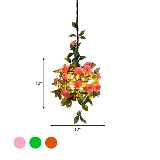 Maple Leaf/Rose/Plant Industrial Pendant Light Bulb - Metal LED Hanging Lamp Kit in Pink/Orange/Green