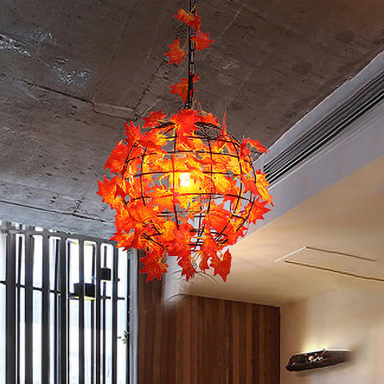 Industrial Maple Leaf/Rose/Plant Metal Pendant Light - Led Hanging Lamp Kit In Pink/Orange/Green