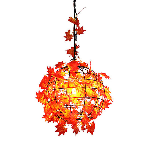 Maple Leaf/Rose/Plant Industrial Pendant Light Bulb - Metal LED Hanging Lamp Kit in Pink/Orange/Green