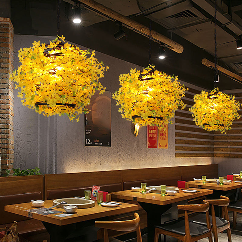 Yellow Industrial Blossom Pendant Light - Metal Led Suspension For Restaurants