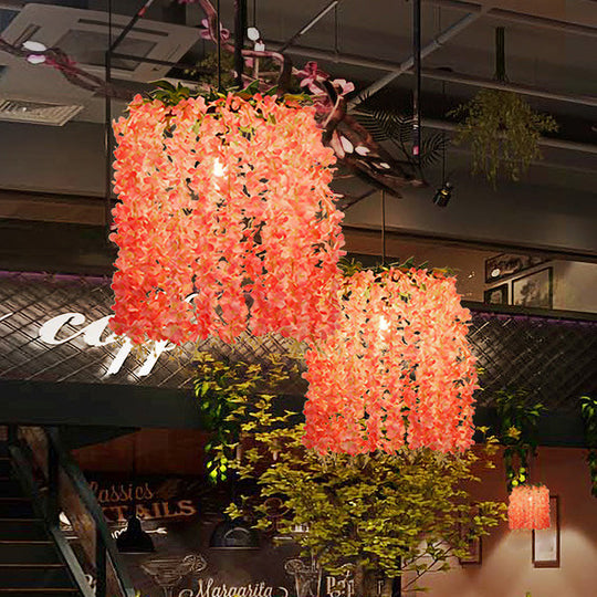 Vintage Pink Floral Metal Pendant Led Ceiling Light For Restaurants - 1 Head Suspension Design