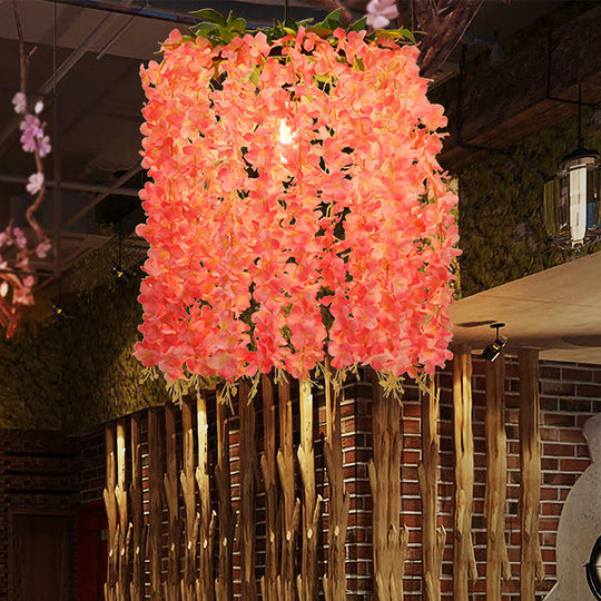 Vintage Pink Floral Metal Pendant Led Ceiling Light For Restaurants - 1 Head Suspension Design