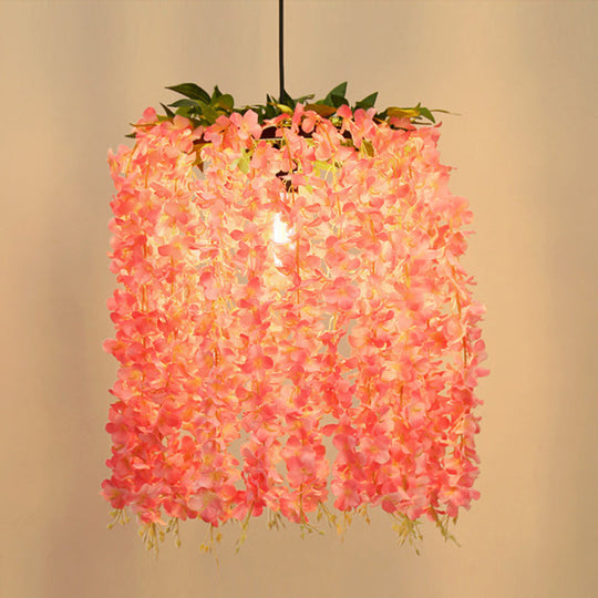 Vintage Pink Floral Metal Pendant Led Ceiling Light For Restaurants - 1 Head Suspension Design