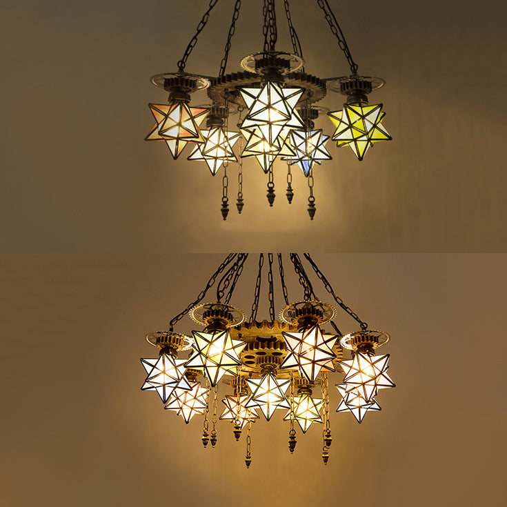 Rustic Stained Glass Star Chandelier with 6/9 Lights - Perfect for Restaurants