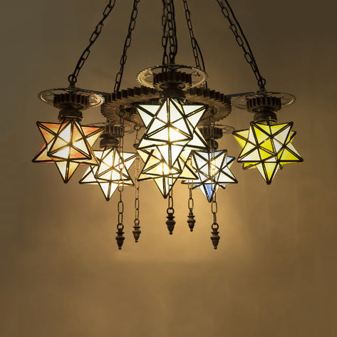 Rustic Stained Glass Star Chandelier with 6/9 Lights - Perfect for Restaurants