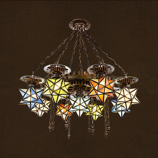 Rustic Stained Glass Star Chandelier with 6/9 Lights - Perfect for Restaurants