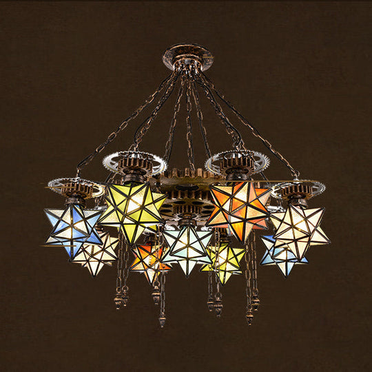 Rustic Stained Glass Star Chandelier with 6/9 Lights - Perfect for Restaurants