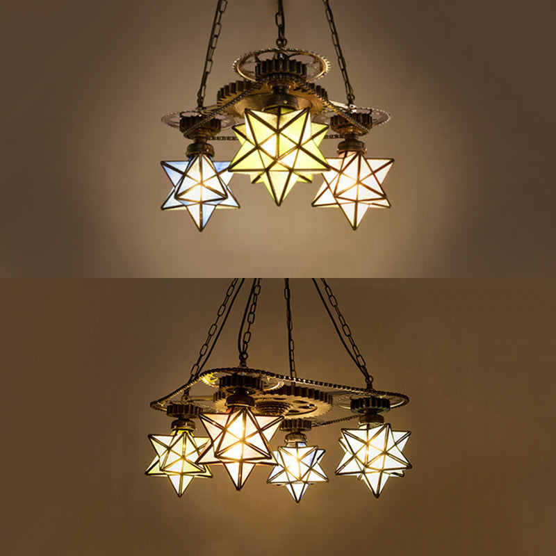 Rustic Tiffany Glass Pendant Chandelier - Multi Color Star Ceiling Light with Gear for Foyer - 3/4 Lights