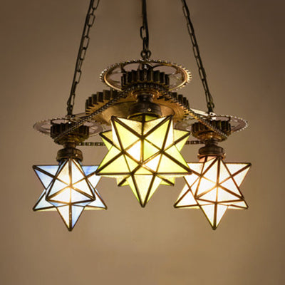 Rustic Tiffany Glass Pendant Chandelier - Multi Color Star Ceiling Light with Gear for Foyer - 3/4 Lights