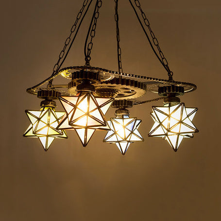 Rustic Tiffany Glass Pendant Chandelier - Multi Color Star Ceiling Light with Gear for Foyer - 3/4 Lights