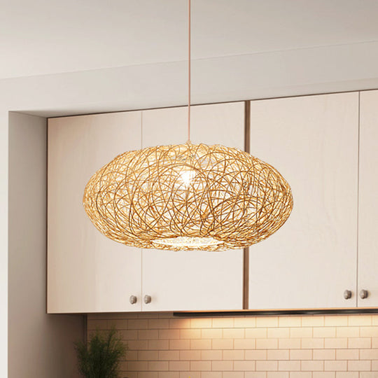 Natural Bamboo Shade Chinese Lantern Pendant Light - Hanging Fixture With Beige Glow