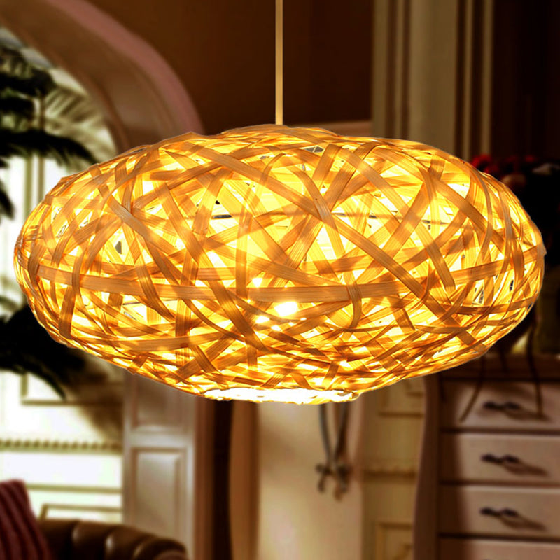 Bamboo Ceiling Lamp - Japanese Style Oval Shape 1 Head Beige Hanging Light Fixture For Restaurants