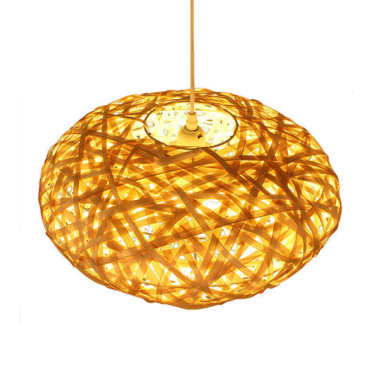 Bamboo Ceiling Lamp - Japanese Style Oval Shape 1 Head Beige Hanging Light Fixture For Restaurants