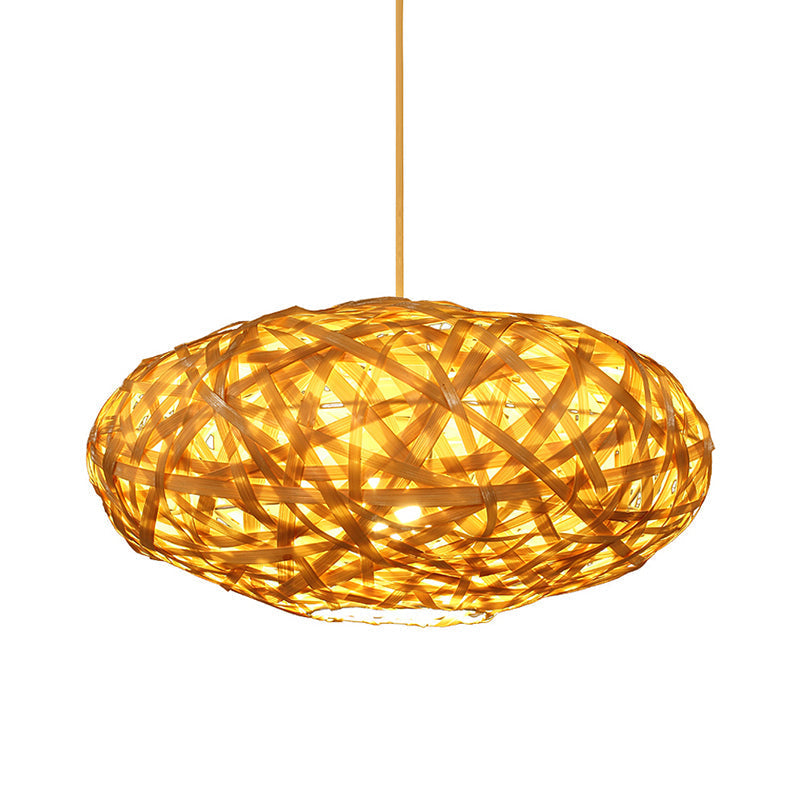 Bamboo Ceiling Lamp - Japanese Style Oval Shape 1 Head Beige Hanging Light Fixture For Restaurants