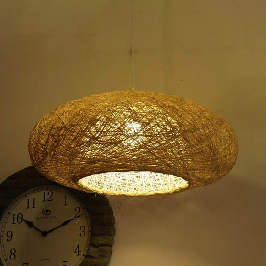 Hanging Bamboo Ceiling Light With Hand-Woven Flaxen Shade - Japanese-Inspired 1 Bulb Lighting