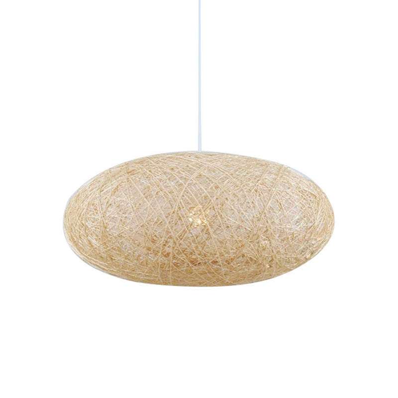 Hanging Bamboo Ceiling Light With Hand-Woven Flaxen Shade - Japanese-Inspired 1 Bulb Lighting