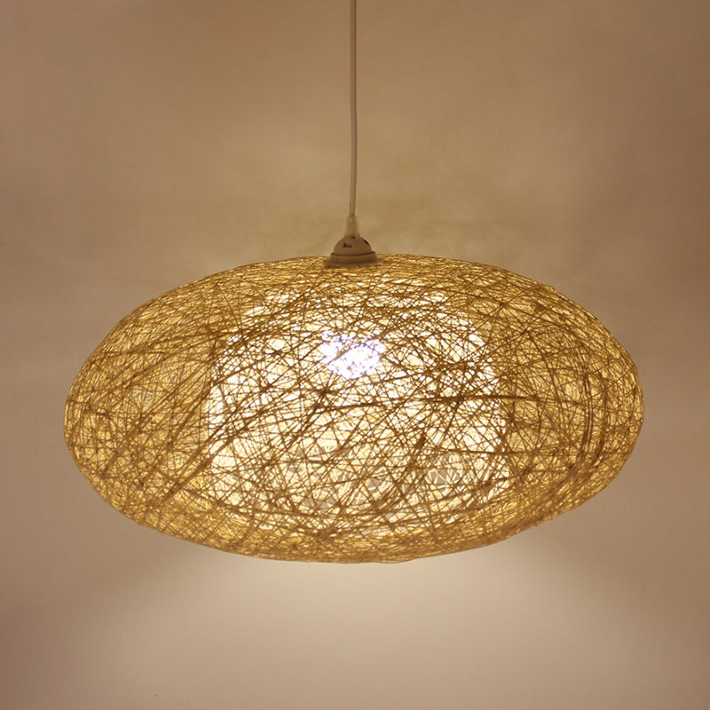 Hanging Bamboo Ceiling Light With Hand-Woven Flaxen Shade - Japanese-Inspired 1 Bulb Lighting