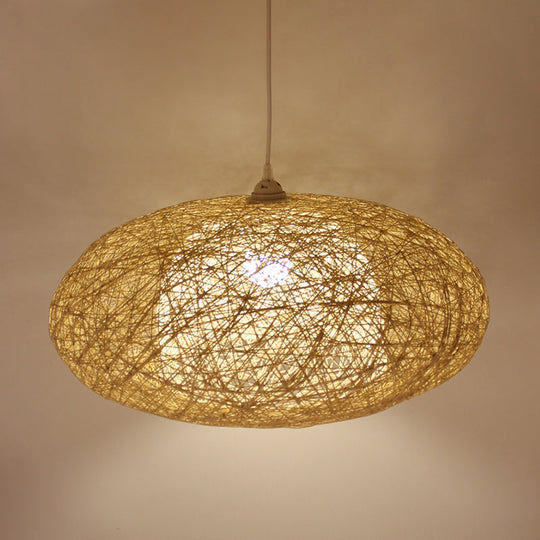 Hanging Bamboo Ceiling Light With Hand-Woven Flaxen Shade - Japanese-Inspired 1 Bulb Lighting