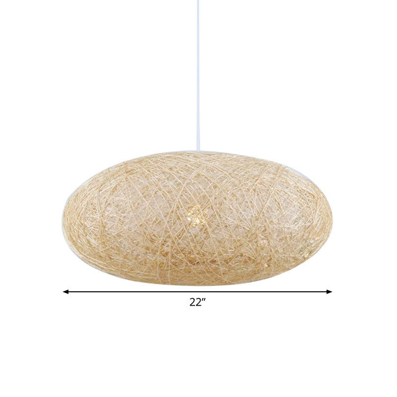 Hanging Bamboo Ceiling Light With Hand-Woven Flaxen Shade - Japanese-Inspired 1 Bulb Lighting