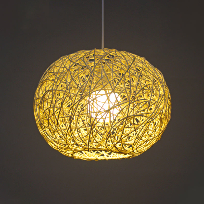 Asian Bamboo Spherical Pendant Lighting - 1 Head Beige Suspension Lamp 8/12/14 Wide