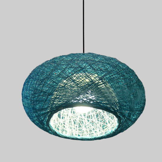 Blue Donut Asian Pendant Lamp With Rattan Shade - Ceiling Suspension Lighting