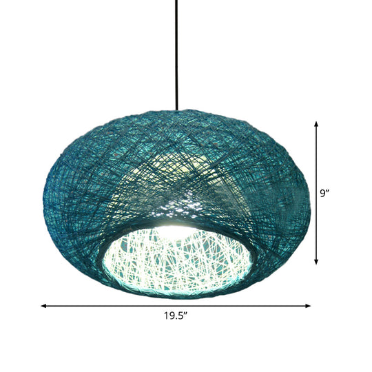 Blue Donut Asian Pendant Lamp With Rattan Shade - Ceiling Suspension Lighting