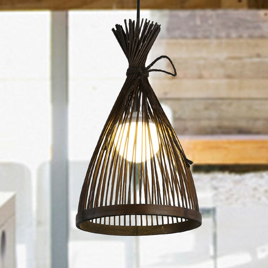 Asian Bamboo Flared Ceiling Light Pendant - Dark Coffee 8.5/12 Wide Single Bulb Fixture