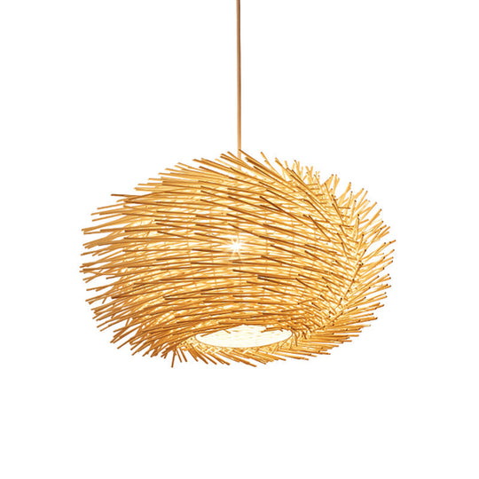 Bamboo Hanging Lantern: Asian 1-Head Beige Pendant Light For Dining Room