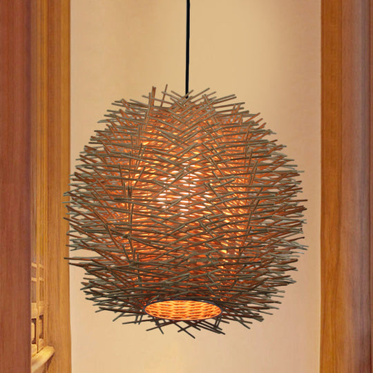 Handcrafted Chinese Rattan Ceiling Light Suspension In Beige - 1 Bulb