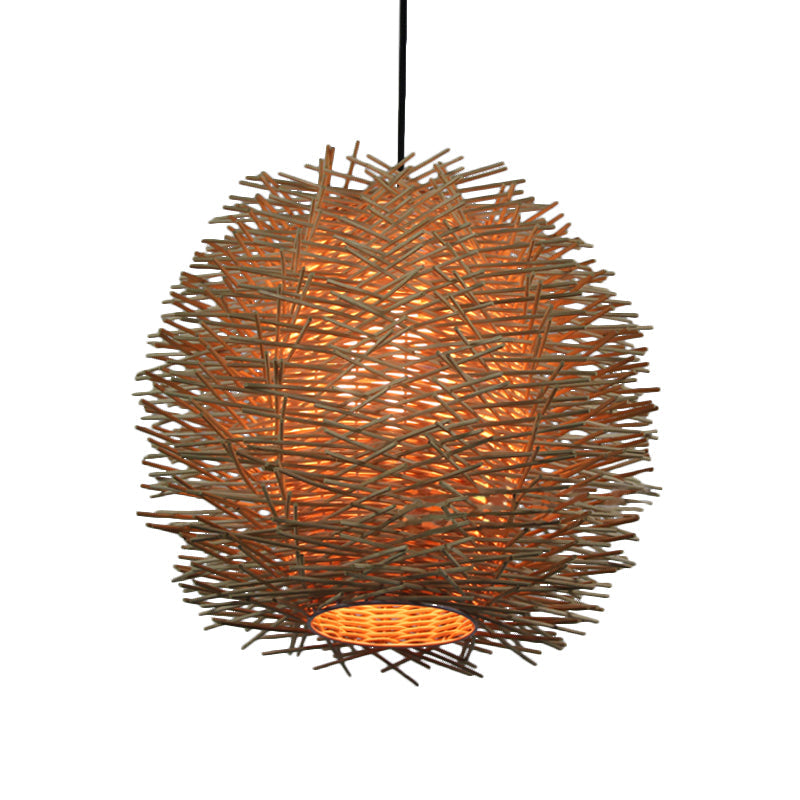 Handcrafted Chinese Rattan Ceiling Light Suspension In Beige - 1 Bulb