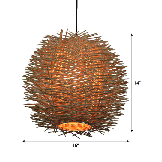 Handcrafted Chinese Rattan Ceiling Light Suspension In Beige - 1 Bulb