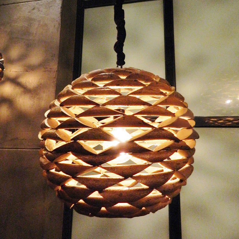 Brown Asian Wooden Pendant Light With Spherical Design And 1 Bulb 12/14 Width